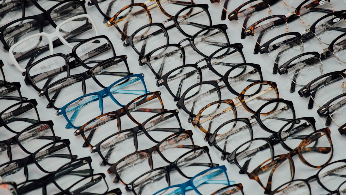 A collection of eyeglasses displayed together