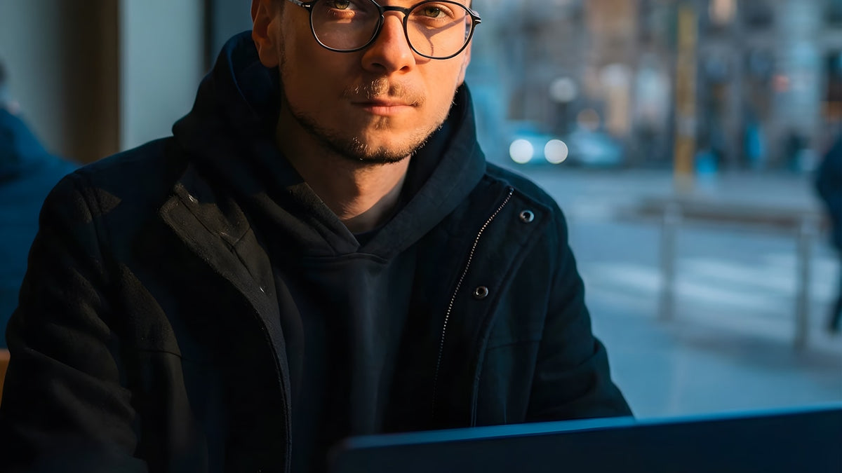 Man wearing glasses working on a laptop by a window