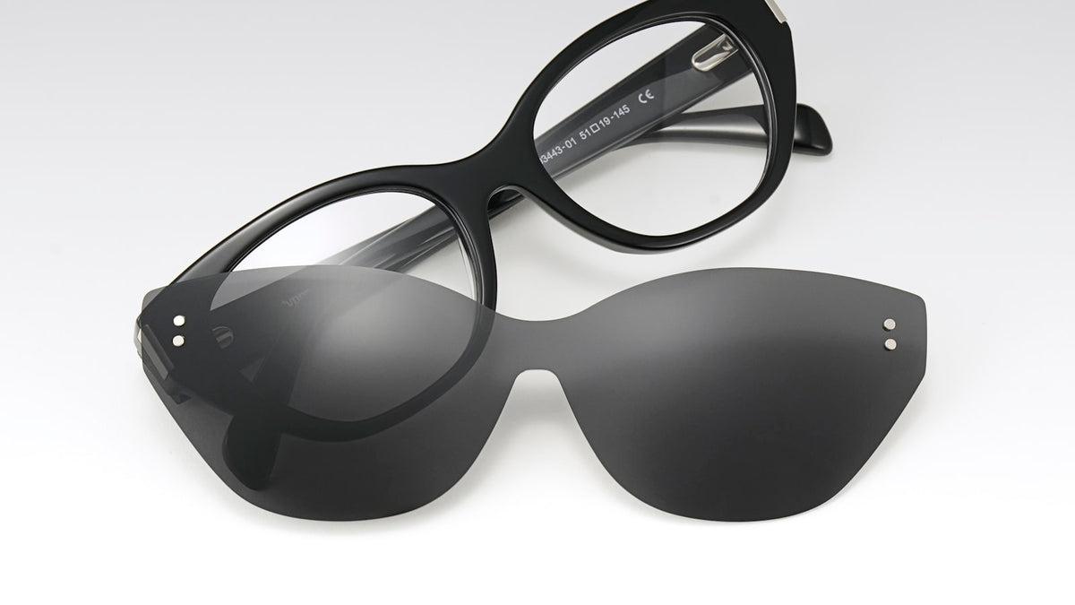 Cat-eye glasses with a matching clip-on sunglasses shade