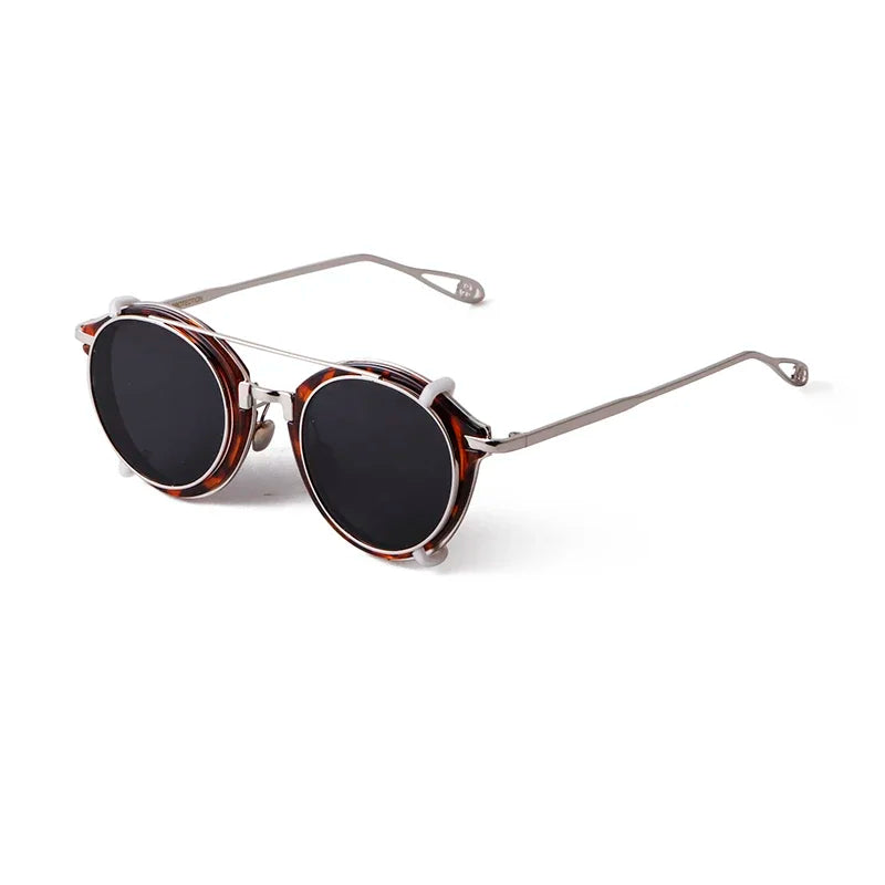 Steampunk round flip-up sunglasses, C4 tortoise mirror lens