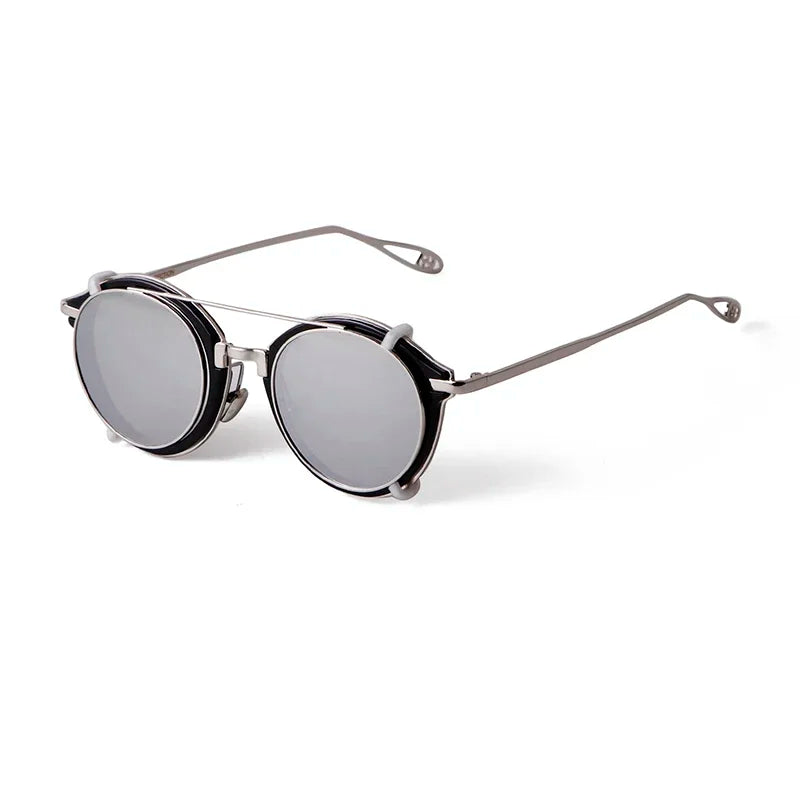 Steampunk round flip-up sunglasses, C3 silver mirror lens