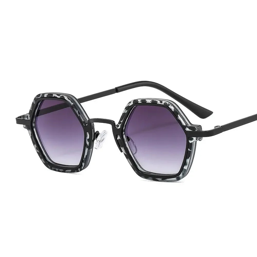 Polygon square metal sunglasses, Black Leopard-Grey