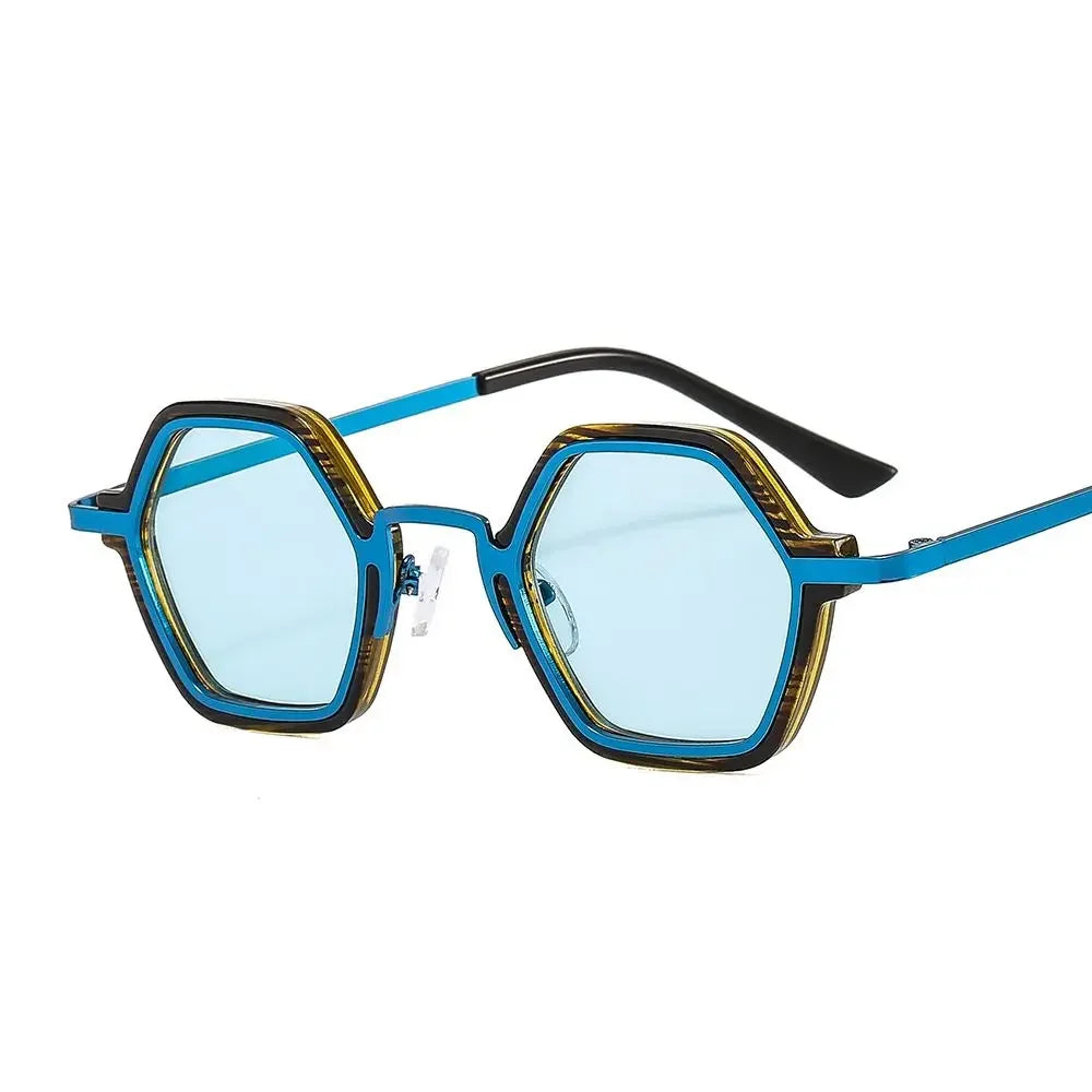 Polygon square metal sunglasses, Brown Stripe-Blue