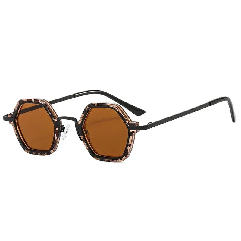 Polygon square metal sunglasses with leopard frame and brown lenses
