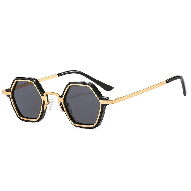 Polygon square metal sunglasses in black and gold with grey lenses