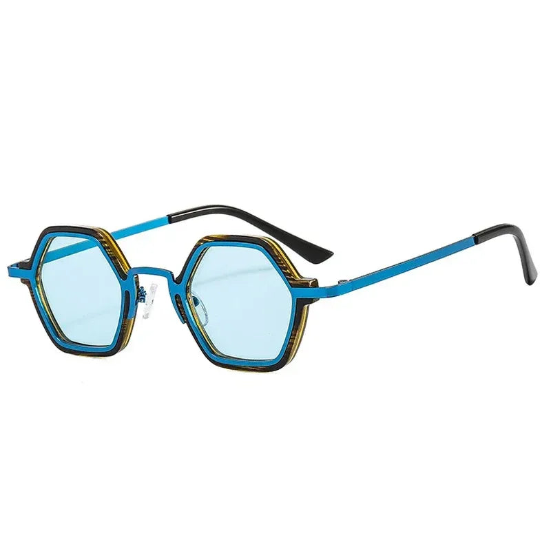 Polygon square metal sunglasses with blue frame and blue lenses