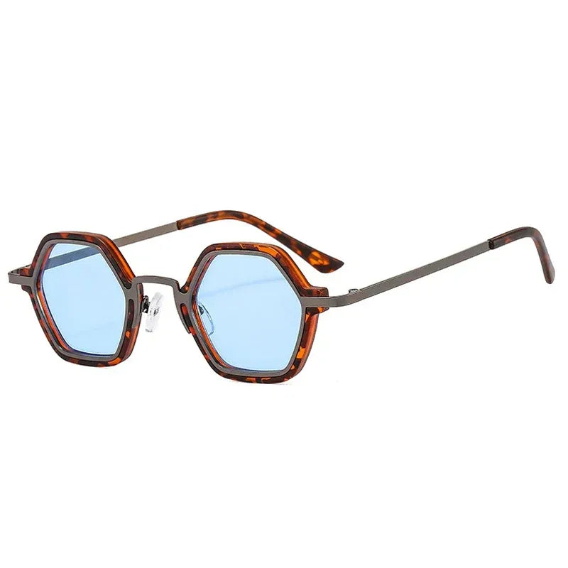 Polygon square metal sunglasses with tortoise frame and blue lenses
