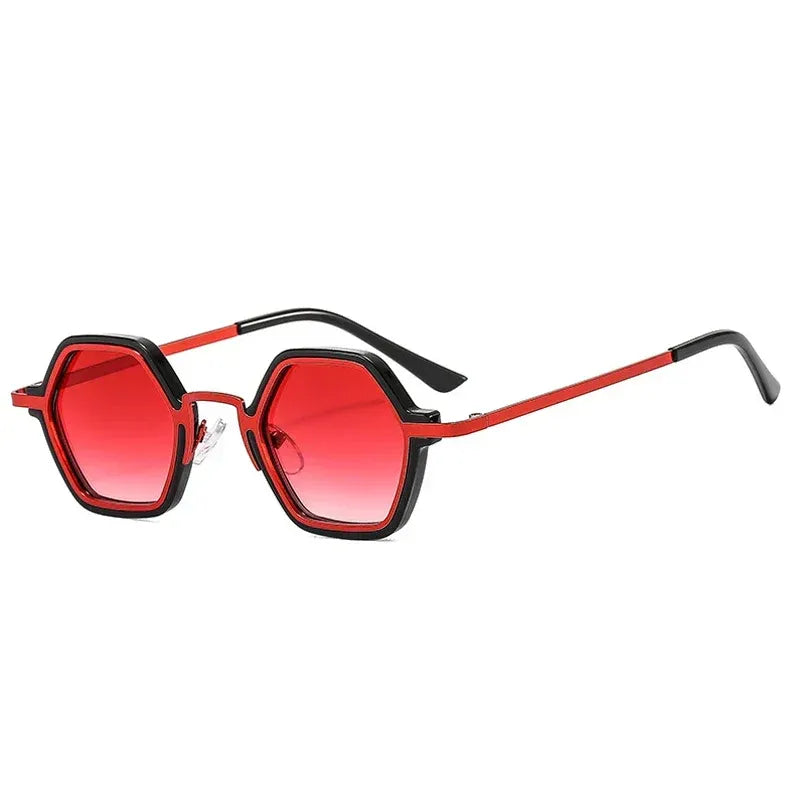 Polygon square metal sunglasses in red with red gradient lenses, side view