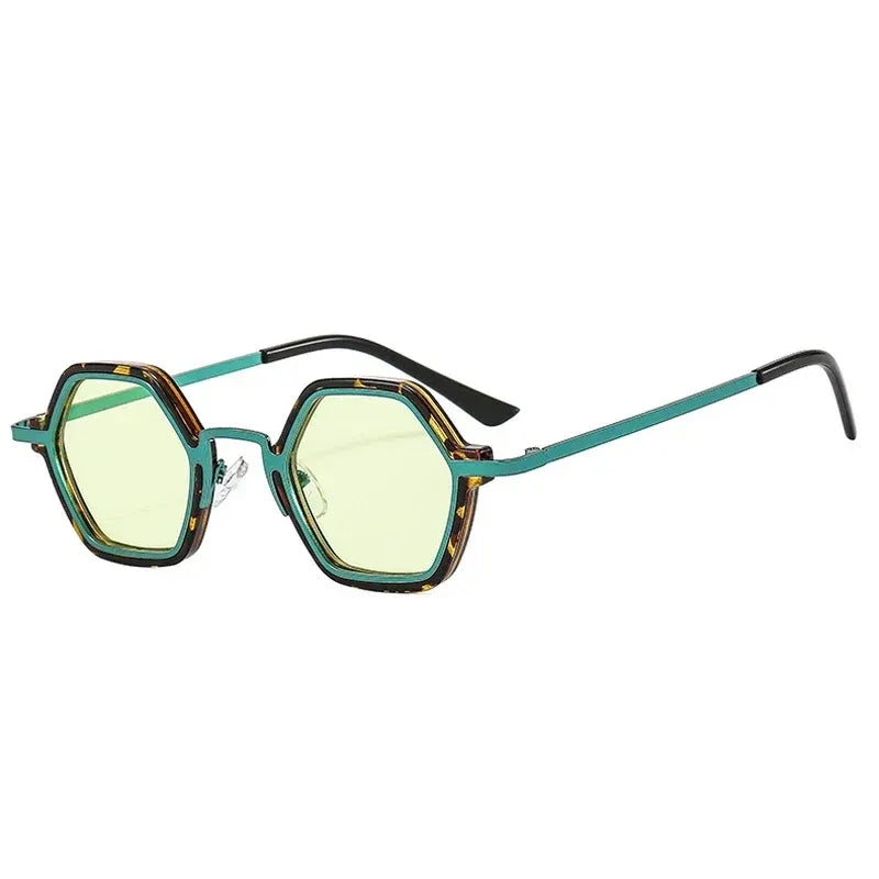Polygon square metal sunglasses with teal tortoise frame and green lenses