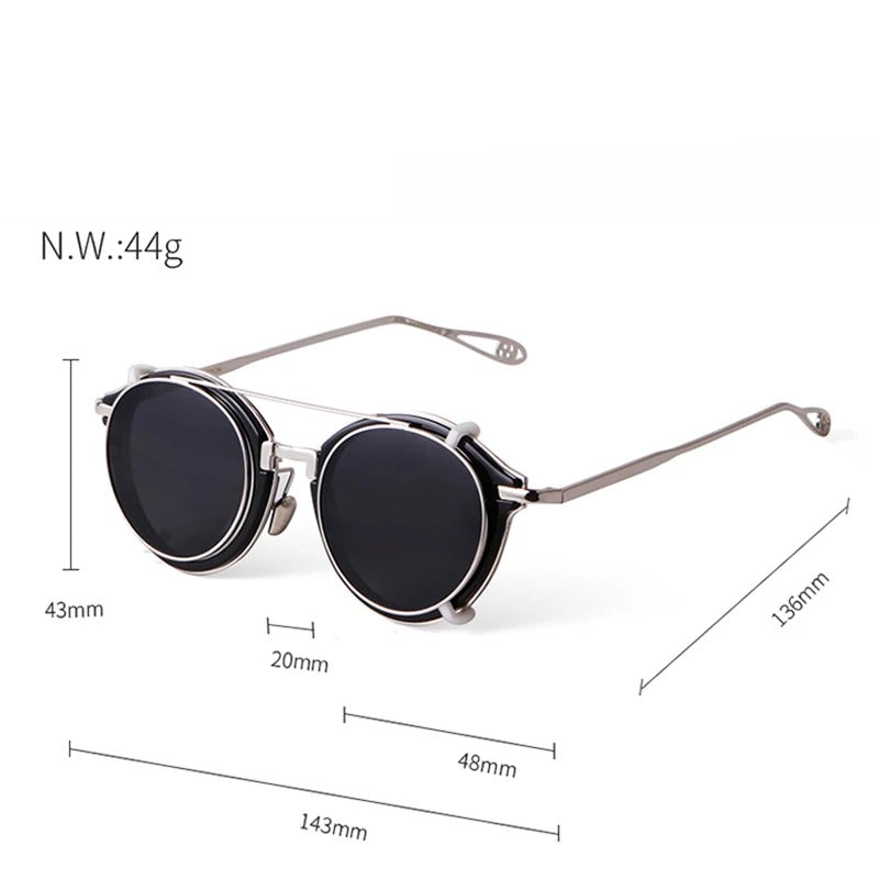 Steampunk round sunglasses size guide, 48mm lens, 143mm width